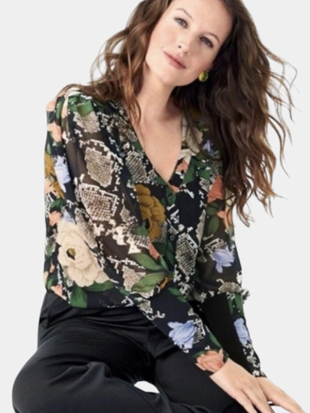 CAbi Snake Charmer Mixed Print Blouse • Size M • Sheer Floral & Snake • 3762